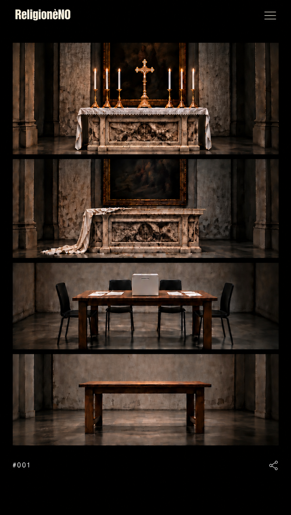 ReligionèNO. Quattro immagini: altare con croce e candele, altare spoglio, tavolo con urna elettorale, tavolo vuoto. Numero 001 e simbolo di condivisione in basso.