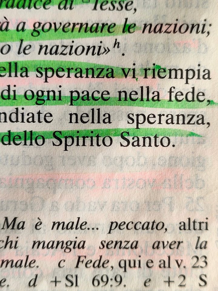 Pagina di Bibbia con righe evidenziate in verde: «…nella speranza vi riempia di ogni pace nella fede, … abbondiate nella speranza, … dello Spirito Santo»