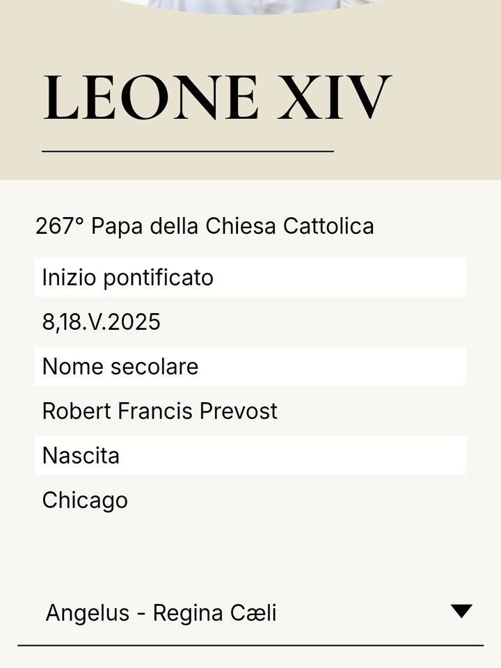 Pagina del sito della Santa Sede su Leone XIV: 267° Papa della Chiesa Cattolica, nome secolare Robert Francis Prevost, nato a Chicago